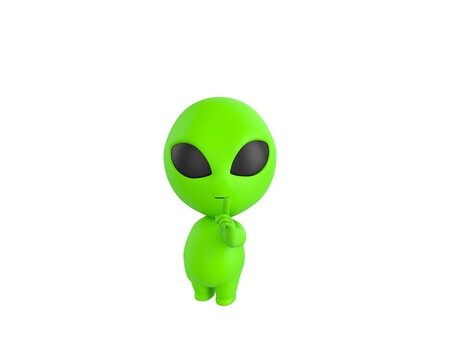 Little Alien character holding hand near mouth silence gesture in 3d rendering.