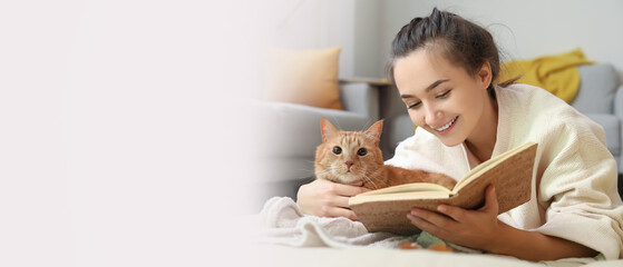 Woman with cute red cat reading book at home on autumn day. Banner for design