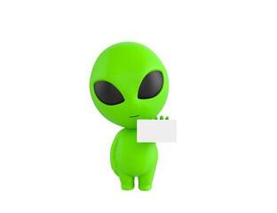 Little Alien character holding white card in 3d rendering.