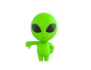 Little Alien character showing thumb down in 3d rendering.