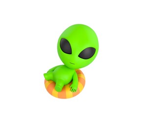 Little Alien character sitting on the inflatable ring in 3d rendering.