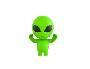Little Alien character raising two fists in 3d rendering.