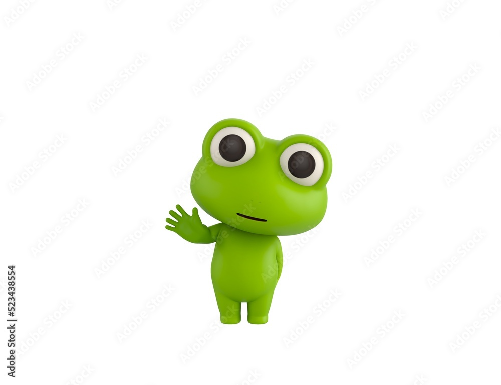 Wall mural little frog character raising right hand in 3d rendering.