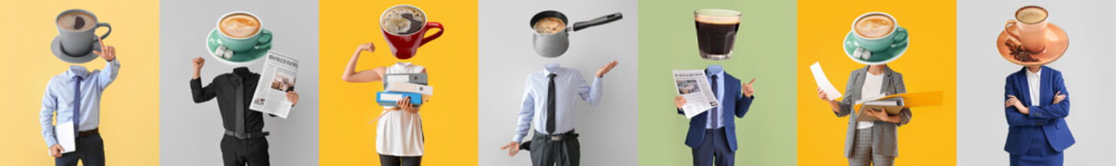 Set of business people with coffee instead of their heads on color background - obrazy, fototapety, plakaty