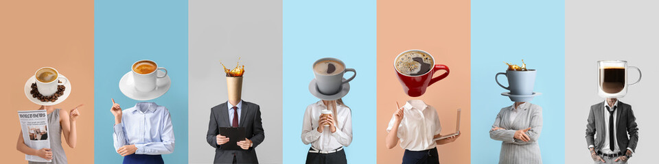 Set of business people with cups of coffee instead of their heads on color background - obrazy, fototapety, plakaty