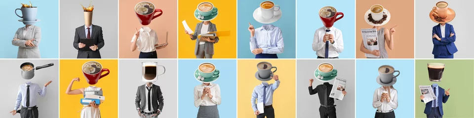 Foto op Plexiglas Set of business people with cups of coffee instead of their heads on color background © Pixel-Shot