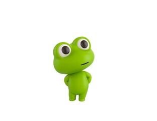Little Frog character hides hands behind back and look up in 3d rendering.