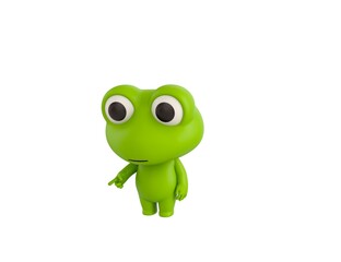 Little Frog character pointing to the ground in 3d rendering.