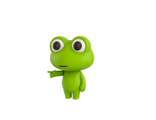 Little Frog character pointing finger to the left in 3d rendering.