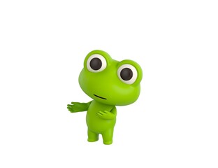 Little Frog character doing welcome gesture in 3d rendering.