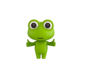 Little Frog character showing thumb up with two hands in 3d rendering.