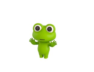Little Frog character raising hands and showing palms in surrender gesture in 3d rendering.