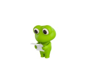 Little Frog character reading paper in 3d rendering.