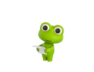 Little Frog character reading paper and looking to camera in 3d rendering.