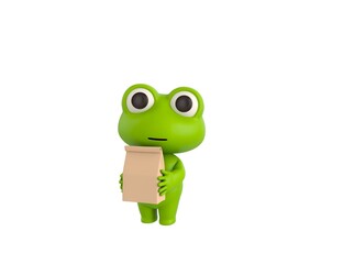 Little Frog character holding paper containers for takeaway food in 3d rendering.