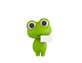 Little Frog character holding white card in 3d rendering.