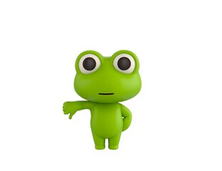 Little Frog character showing thumb down in 3d rendering.
