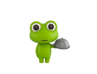 Little Frog character serving a meal under a silver cloche or dome in 3d rendering.