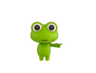 Little Frog character pointing to the right in 3d rendering.