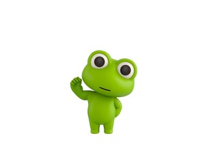 Little Frog character raising right fist in 3d rendering.