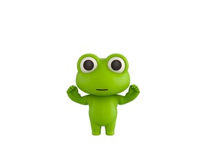 Little Frog character raising two fists in 3d rendering.