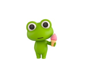 Little Frog character holding strawberry ice cream cone in 3d rendering.