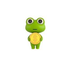 Little Frog character holding golden dollar coin in 3d rendering.