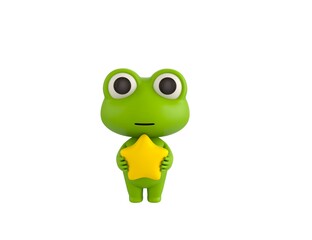 Little Frog character holding star in 3d rendering.