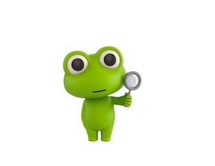 Little Frog character holding magnifying glass in 3d rendering.