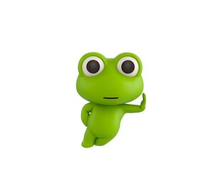 Little Frog character leaning against a wall in 3d rendering.
