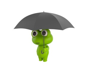 Little Frog character holding open umbrella in 3d rendering.