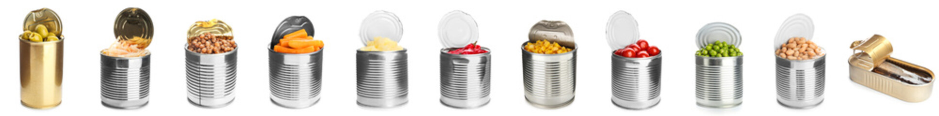 Collection of open tin canes with different food on white background