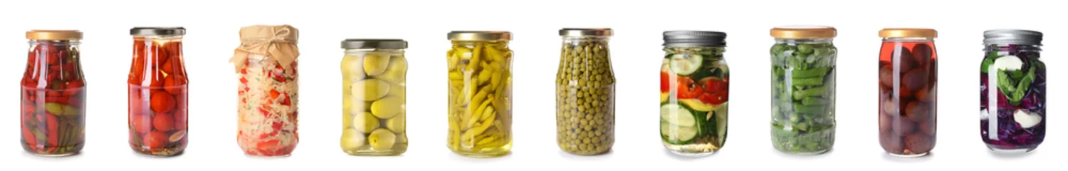 Photo sur Plexiglas Légumes frais Collage of jars with canned vegetables on white background
