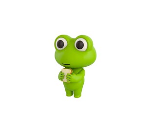 Little Frog character eating sandwich in 3d rendering.