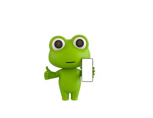 Little Frog character show his phone and give thumb up in 3d rendering.