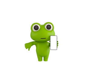 Little Frog character show his phone and give thumb down in 3d rendering.