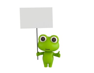 Little Frog character holding a blank billboard and give thumb up in 3d rendering.