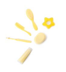 Cute baby bath accessories on white background