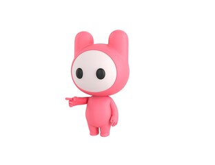 Pink Monster character pointing finger to the left in 3d rendering.