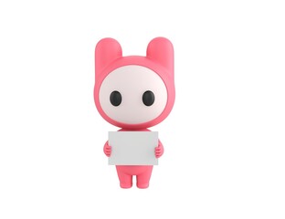 Pink Monster character holding a blank billboard in 3d rendering.