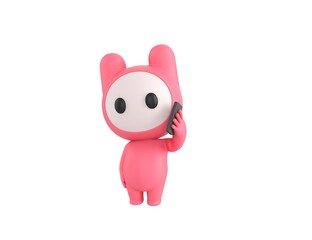Obraz na płótnie Canvas Pink Monster character holding smartphone near ear in 3d rendering.