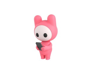 Pink Monster character types text message on cell phone in 3d rendering.