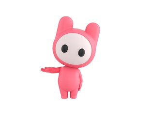 Pink Monster character looking to camera and pointing hand to the side in 3d rendering.