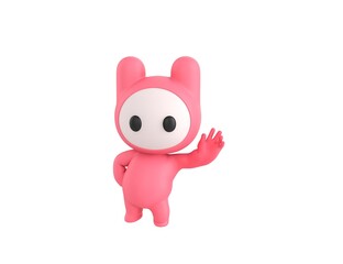 Pink Monster character hold hand near ear listening rumors in 3d rendering.