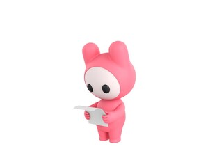 Pink Monster character reading paper in 3d rendering.