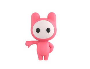 Obraz premium Pink Monster character showing thumb down in 3d rendering.