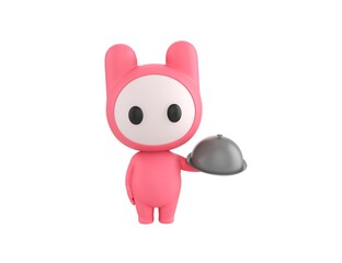 Pink Monster character serving a meal under a silver cloche or dome in 3d rendering.