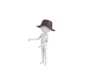 Stick Man Wear Leather Bucket Hat character doing welcome gesture in 3d rendering.
