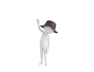 Stick Man Wear Leather Bucket Hat character raising right hand in 3d rendering.