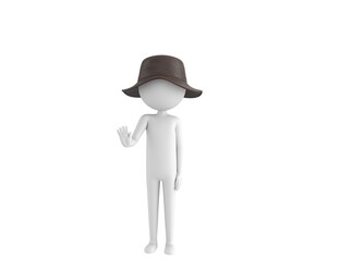 Stick Man Wear Leather Bucket Hat character puts out his hand and orders to stop in 3d rendering.